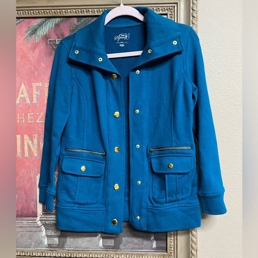 Style & Co. Sport Petite Teal French Terry Snap Front Jacket